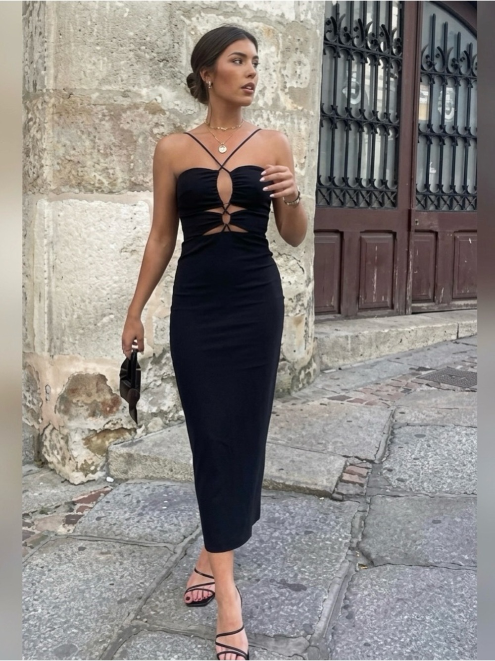 Zara Black Cut-Out Midi Dress Bead Halter Ruched Bodycon Blogger Favorite XS